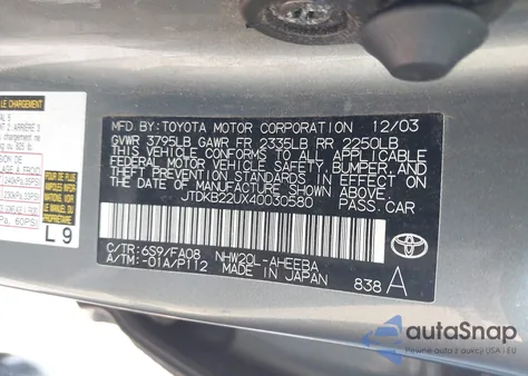 2004 Toyota Prius из США, поврежденный, VIN JTDKB22UX40030580